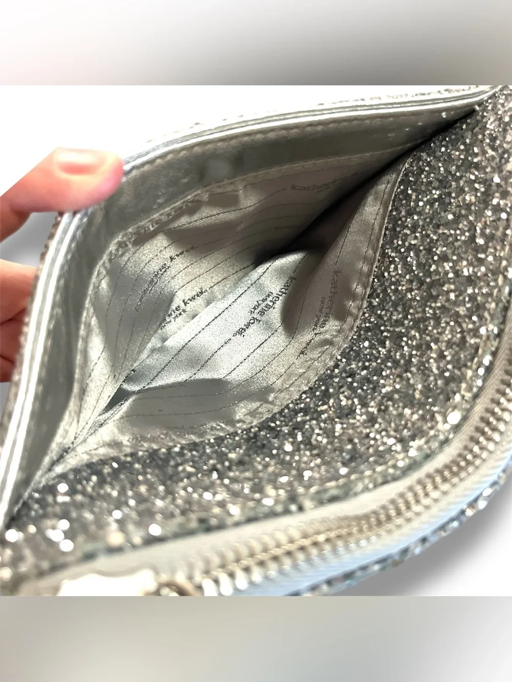 Katherine Kwei Silver Pink Ombre Glitter Leather Lila Pouchette Clutch Bag NWT